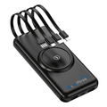 Black EvoFine wireless portable power bank with four integrated charging cables and a circular magnetic charging pad.