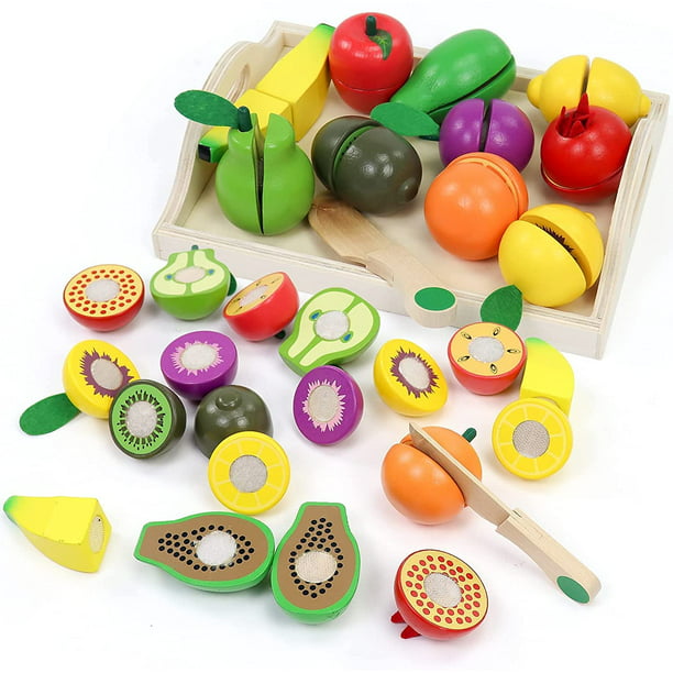 Terra Wooden Toys Play Food Sets for Kids Kitchen Cutting Montessori Toys for 2 Year Old Toddlers Pretend Play Fake Fruit Vegetable Educational Christmas Birthday Gifts for 3 4 Years Girls Boys