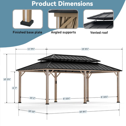 FONA 12'x20' Steel Roof Gazebo w/ 6 LED Lights,Curtains,Netting&USB Charging Port,Black