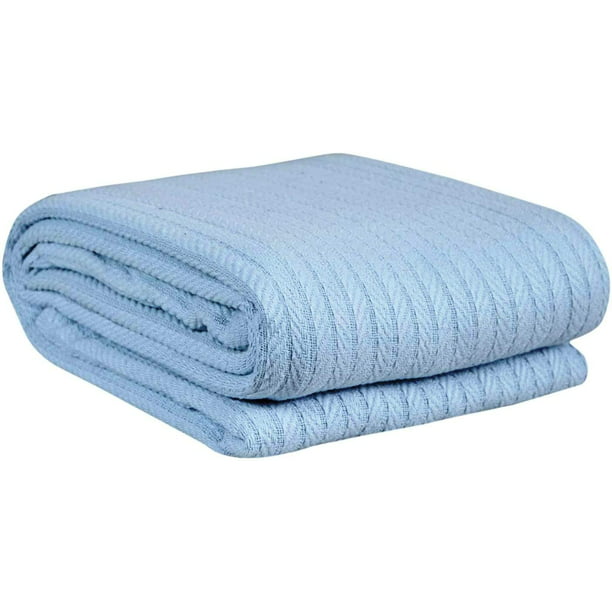 Eurotex 100% Cotton Blanket Twin 66 x 90 inches, Summer Lightweight Soft Breathable Blanket (Cable Weave, Blue)