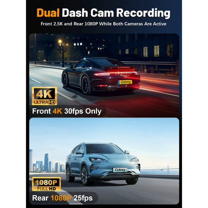 ODREY Dash Cam Front and Rear, 2.5K+1080P WDR Dash Camera for Cars, 4K Single Front Built-in WiFi Car Camera with G-Sensor, Super Night Vision, 64GB Card, Loop Recording, Parking Mode