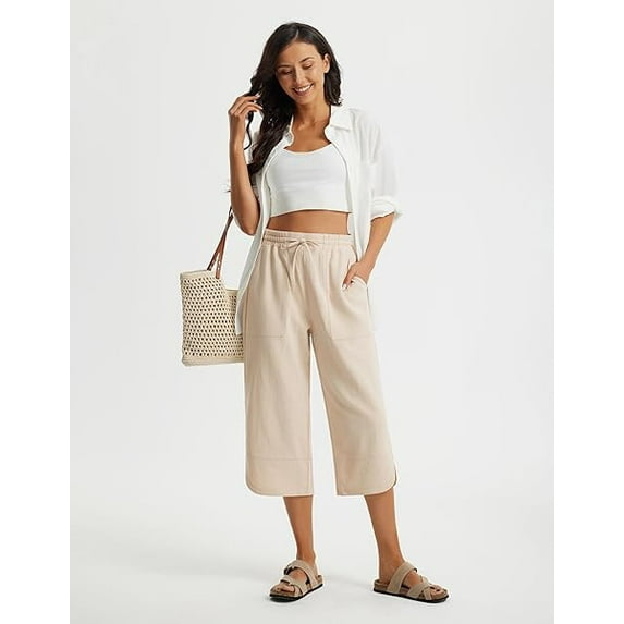 WQD Women's Capri Pants High Waisted Linen Wide Leg Trousers Summer Casual Palazzo Work Pants with Pockets