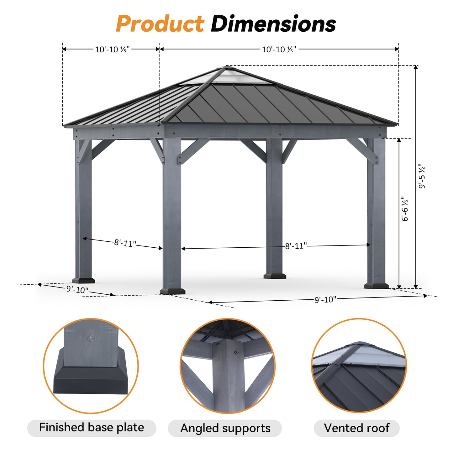 Modern Shade Wood Gazebo 11' x 11', Hardtop Gazebo with Galvanized Steel and Polycarbonate Hip Roof Hardtop, Cedar Framed Wooden Gazebo for Garden, Backyard, Patio and Deck