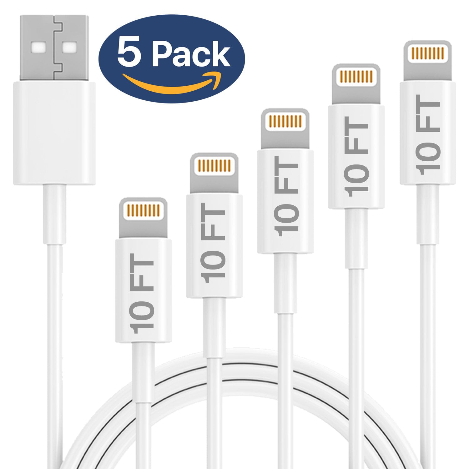 Marlowe Advanced Power-Delivery Technology Compatible Apple MFi Certified 10 Ft. USB to Lightning Charging Cable for iPhone, iPad, iPods 5 Pcs Set