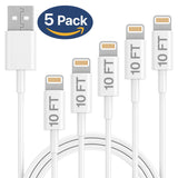 Marlowe Advanced Power-Delivery Technology Compatible Apple MFi Certified 10 Ft. USB to Lightning Charging Cable for iPhone, iPad, iPods 5 Pcs Set