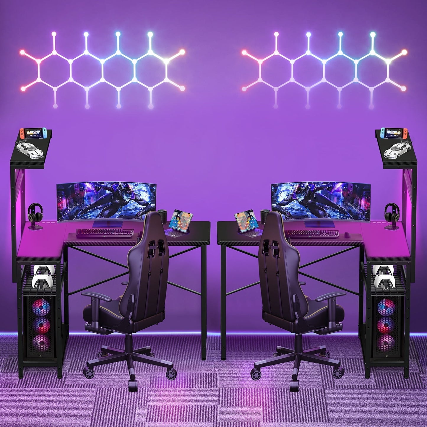 42 inch Gaming Desk with Power Outlet，Reversible L Shaped Computer Desk with Hutch & Storage Shelves, Carbon Fiber Style