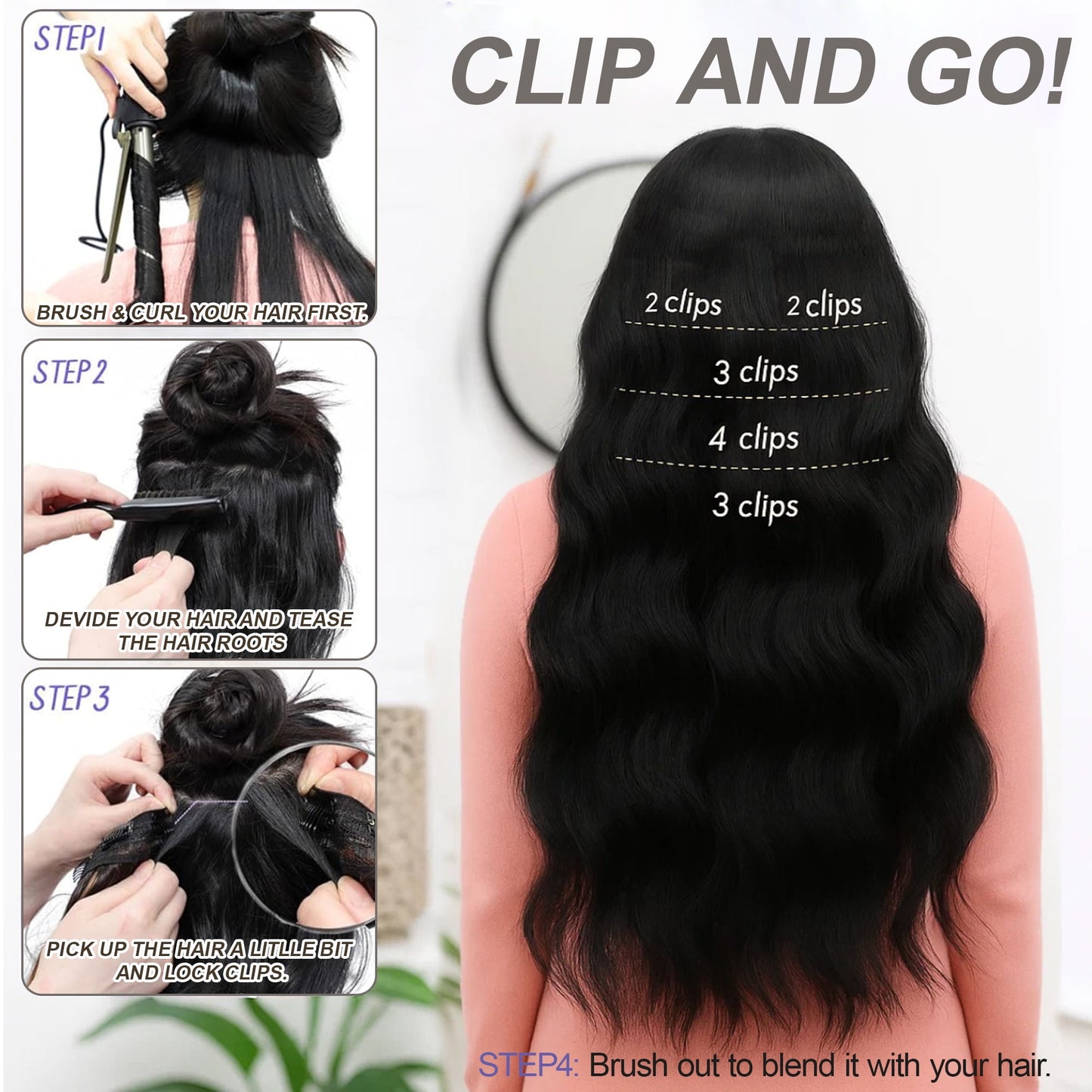 Jungle Wave Synthetic Clip in Hair Extensions 20 Inch 4Pcs Long Wavy Thick Hairpieces Double Weft Natural Hair Extensions for Women,Black