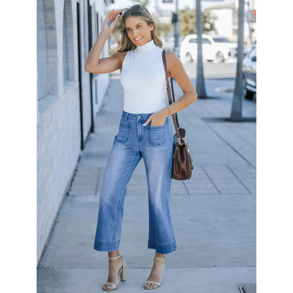 Women's Wide Leg Jeans Denim Pants Crop Flare Leg Jeans High Waisted Stretchy Straight Leg with Buttoned AnklesTrendy Casual with Pocket