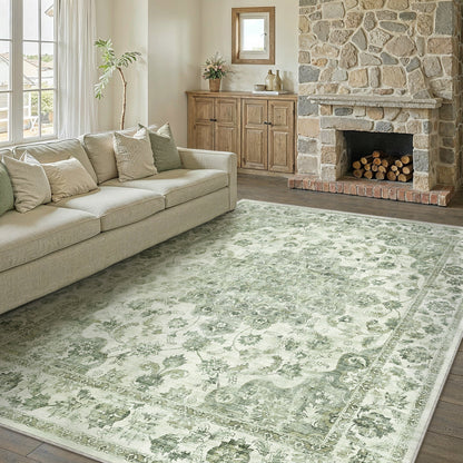 WIPONKEN 8x10 Area Rugs for Living Room Bedroom Dining Room Office Farmhouse, Machine Washable Non Slip Vintage Persia Rug Green