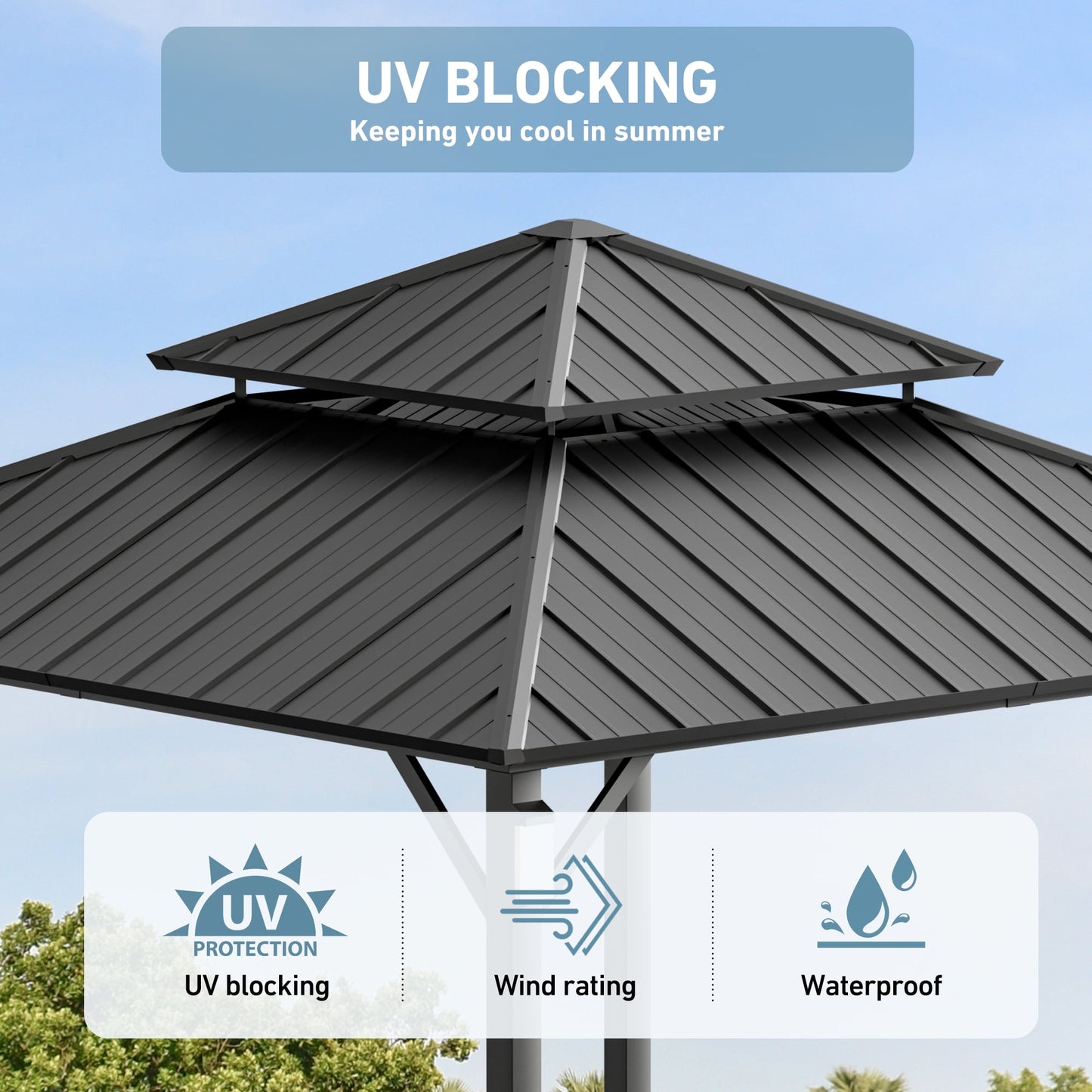 FONA 10' x 12' Outdoor Hardtop Gazebo with Solar LED Light, Permanent Patio Shelter for Garden or Backyard