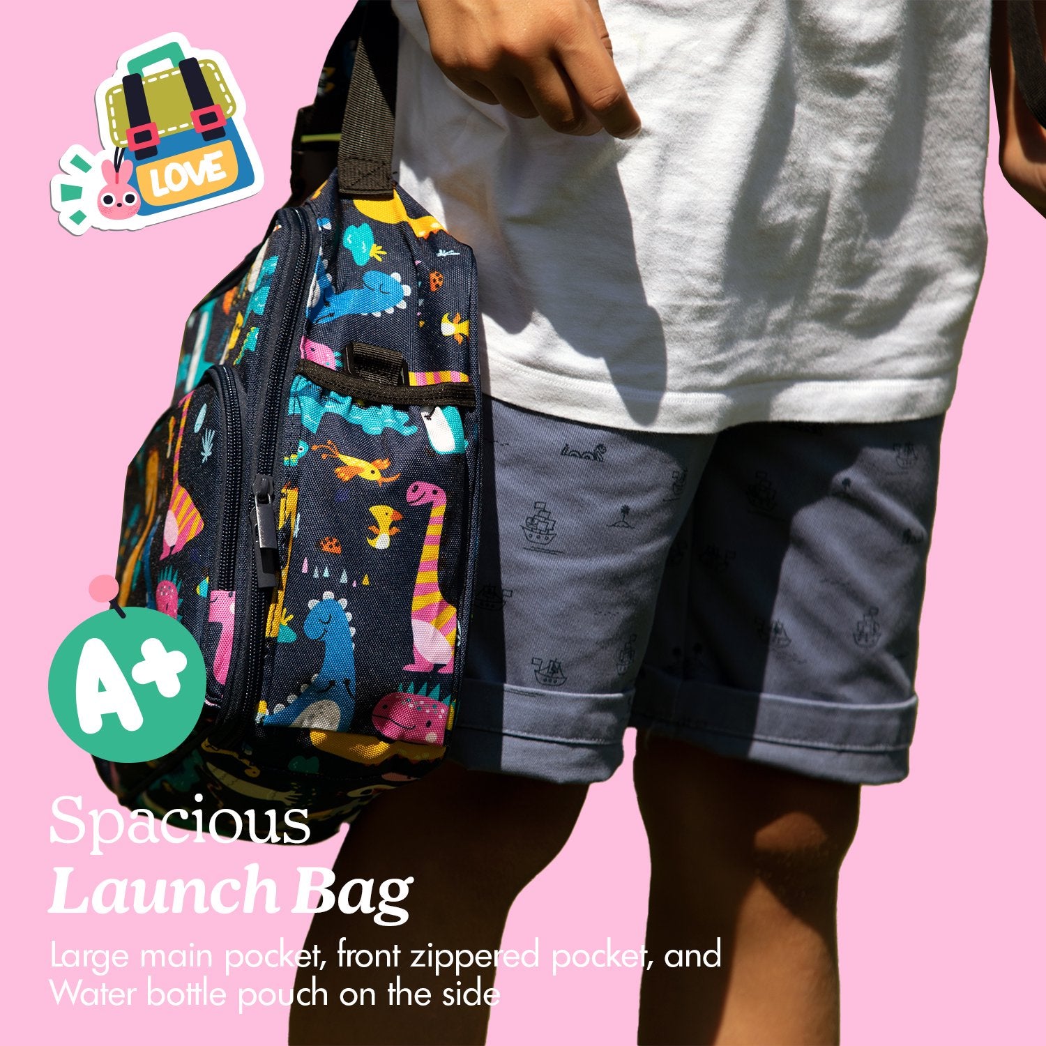 Gianno Dinosaur Lunch Box for Kids - Kids Lunchbox for School, Daycare, Kindergarten - Insulated Lunch Box for Girls & Boys - With Handle, Shoulder Strap, Zipper Front Pocket & Side Bottle Holder