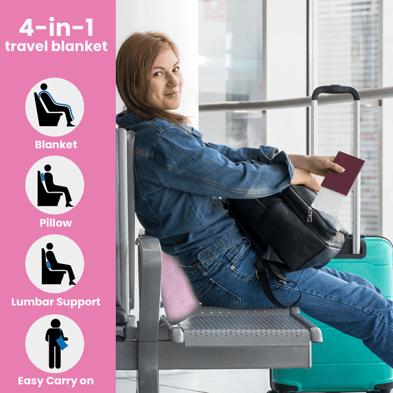 Strlinen 2-in-1 Travel Blanket & Pillow – Soft Airplane Blanket with Luggage Sleeve & Backpack Clip, Pink
