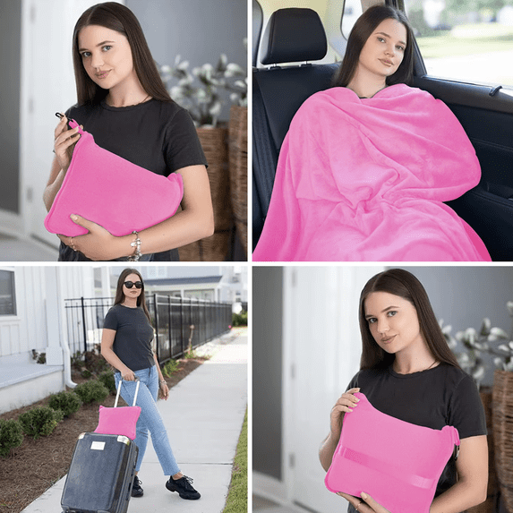 Strlinen 2-in-1 Travel Blanket & Pillow – Soft Airplane Blanket with Luggage Sleeve & Backpack Clip, Pink