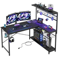 Bestier 51 L Shaped Gaming Desk with Power Outlets & LED Light, Computer Desk with 4 Tiers Shelves for Home Office, Reversible Gamer Table with Hooks and Cup Holder, Carbon Fiber