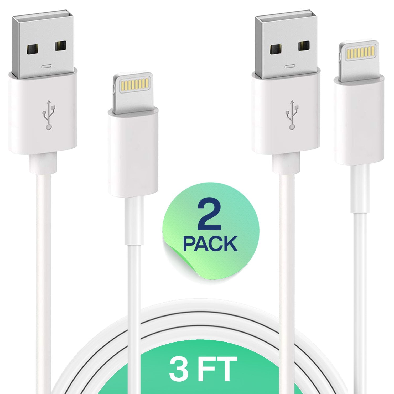 Pery Apple Lightning Speed Cable USB Compatible with Computers, Cars for Fast Charging – White 2 Pack