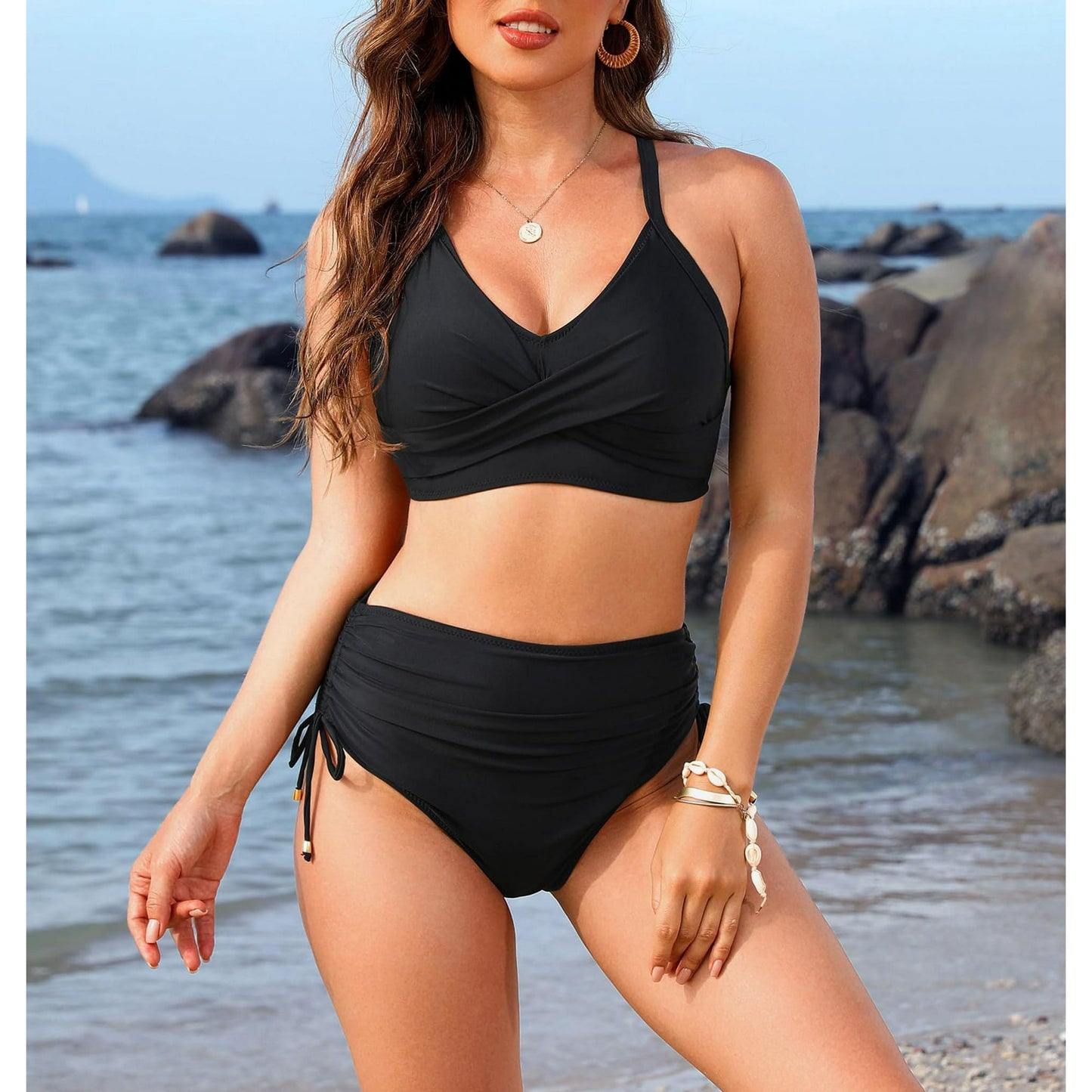 WQD Womens Bikini Set High Waisted 2 Piece Swimsuits Tummy Control Bathing Suits Crisscross Tie Back Push Up Bikinis Drawstring Swimwear