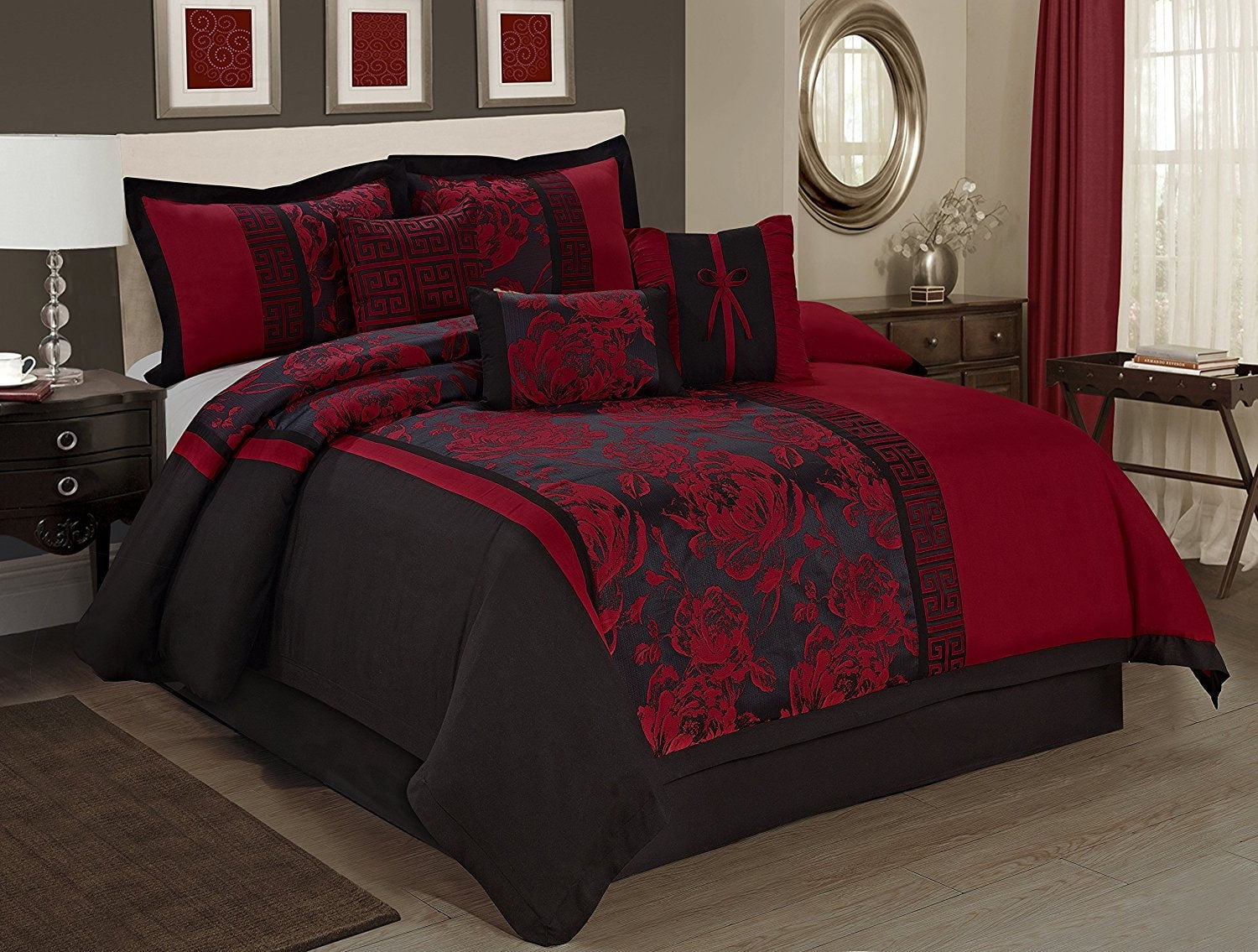 7 Piece Peony Jacquard Fabric Patchwork Clearance bedding Comforter Set Fade Resistant, Wrinkle Free, No Ironing Necessary, Super Soft, All Size Queen King CalKing Size (Queen, Burgundy)