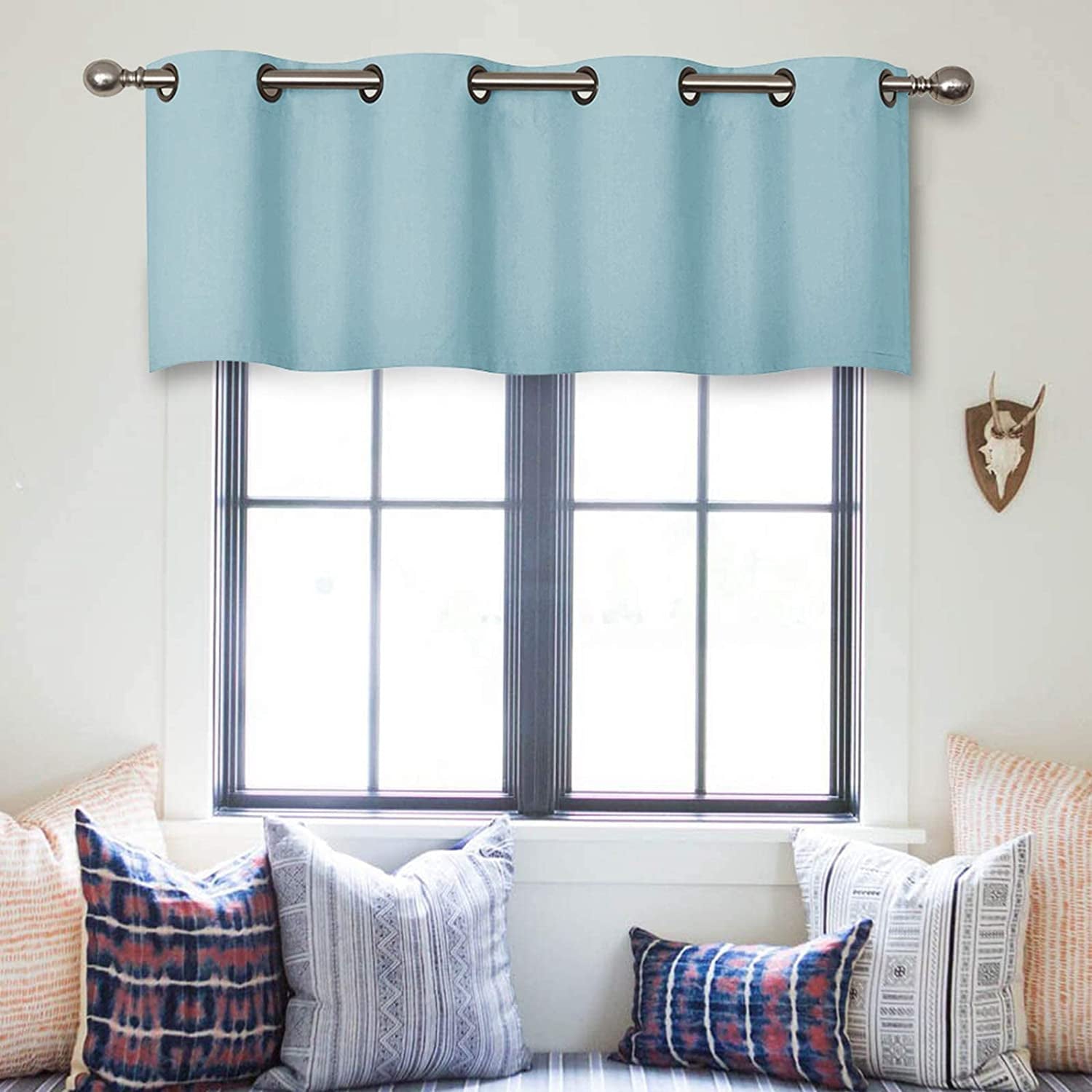 Small Window Grommet Curtains Blackout Curtain Valance Window Treatment for Bedroom, Living Room, Bathroom, Kitchen (One Panel, 42" W x 8" L) Light Blue Solid