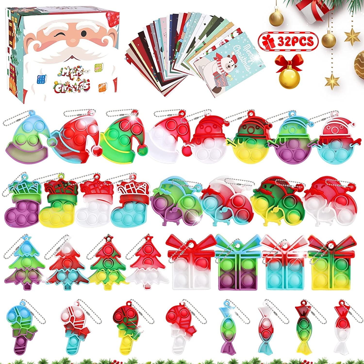 Terra 32Pcs Christmas Mini Pop Fidget Keychain Bulk, Mini Pop Bubble Fidget Toys, Christmas Stocking Stuffers for Kids Party Favors Supplies Goodies Bag Stuffers Xmas Gift for Kids