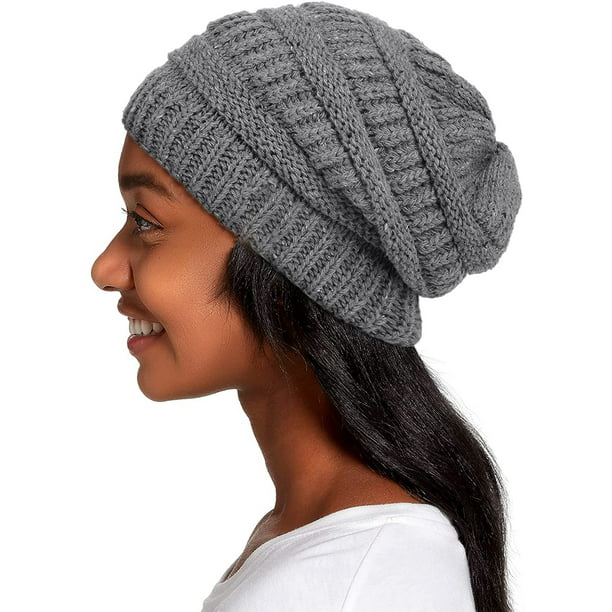 Cassius Womens Satin Lined Winter Beanie Hats Skull Cap Slouchy Hat Silk Lining Thick Chunky Cap Knit Beanie Hats, D.Gray
