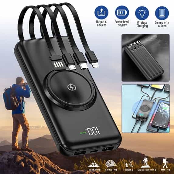EvoFine Wireless Power Bank, Portable Charger with Built-in 4 Cables, Power Bank 20000mAh Charger