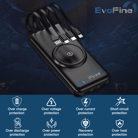 EvoFine Wireless Power Bank, Portable Charger with Built-in 4 Cables, Power Bank 20000mAh Charger