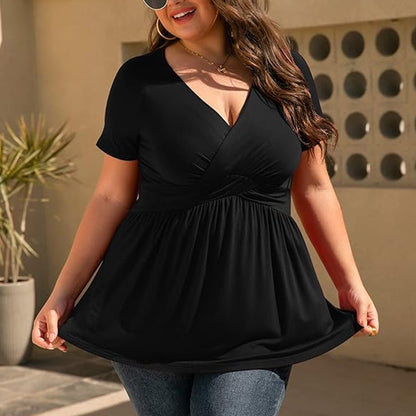 SOMER 2025 Women's Plus Size Tops V Neck Short Sleeve Plus Size Tunic Tops for Women Dressy Wrap Shirts
