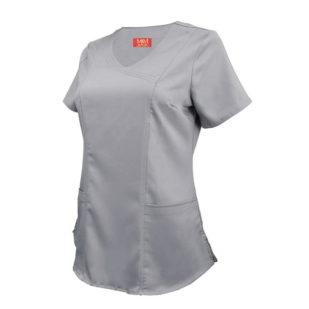 M&M SCRUBS Women's Ultra Soft Stretch Mock Wrap Scrub Top 8201 (Grey, XXX-Large)