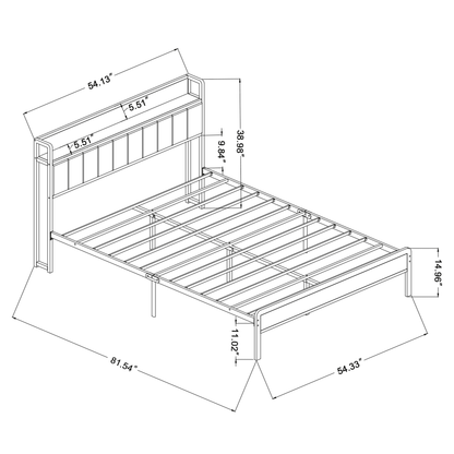 Dowellia Full Size Bed Frame with Upholstered Storage Headboard and Wood Footboard, Gray