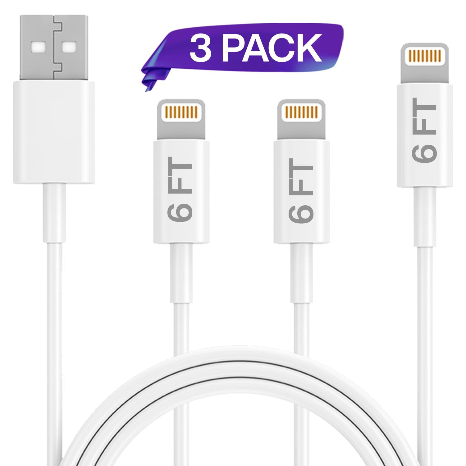 Violet Sturdy and Durable Flexible White Charging Cable for Aple Compatible Devices 6 Ft., 3 Pcs Set