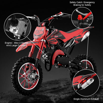 Ktoebyco 49cc Kids Dirt Bike, Gasoline Powered 2-Stroke Mini Motorcycle, 1-Seater, 1.5L Fuel Capacity, Red