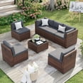 MRUAKA 7 Pieces Patio Furniture Set, Outdoor Furniture Sectional Rattan Sofa with Slanted Back, Patio Couch with Glass Coffee Table for Backyard Garden Dark Grey