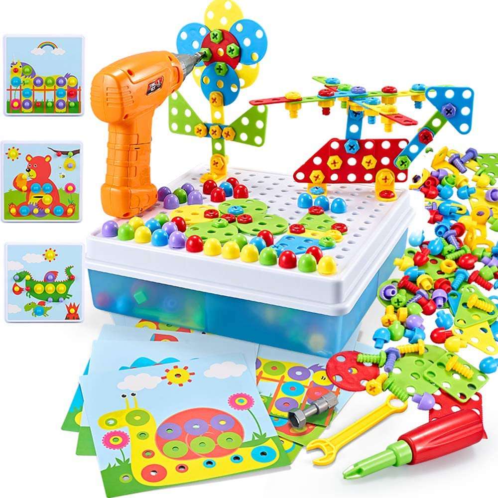 224 Pieces Creative Mosaic Drill Puzzle Kit, Electric Drill and Screwdriver Tool Set Toy, STEM Engineering Education Learning Building Block Toys, Game Activities Center for Kids Ages 3-10 Years Old