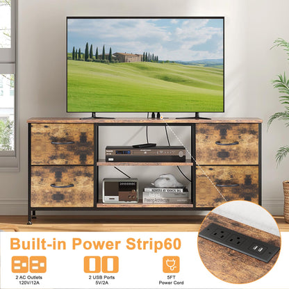 Dowellia Living Room 43-inch TV Stand with Electrical Outlet and 4 Fabric Cabinets, Brown wooden panel
