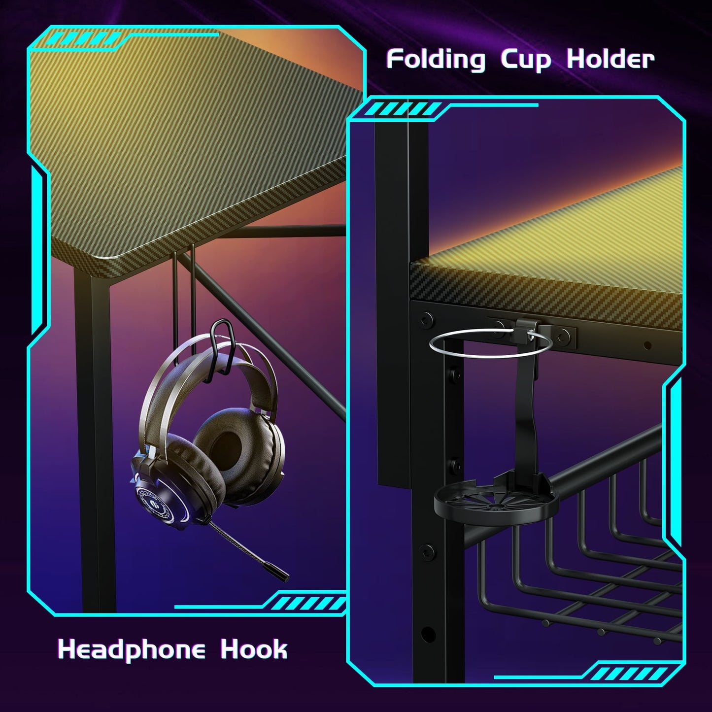 42 inch Gaming Desk with Power Outlet，Reversible L Shaped Computer Desk with Hutch & Storage Shelves, Carbon Fiber Style
