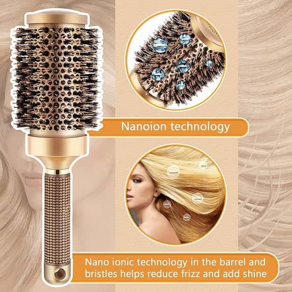 A gold round hair brush with boar bristles, featuring circular insets showing close-ups of bristles and blonde hair.