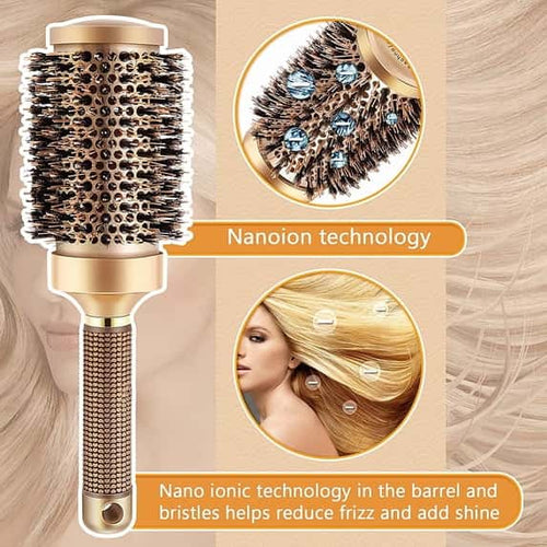 A gold round hair brush with boar bristles, featuring circular insets showing close-ups of bristles and blonde hair.