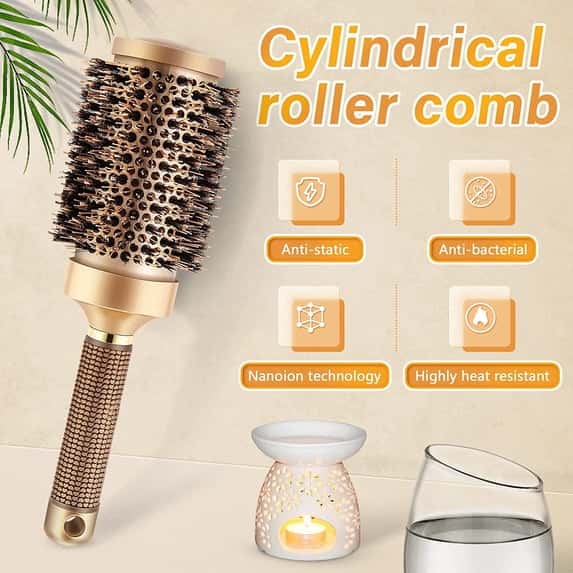 A gold round hair brush with boar bristles, alongside icons detailing anti-static, anti-bacterial, and heat-resistant tech.