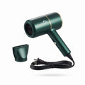 A dark green EvoFine electric hair dryer with a gold rim and a detachable concentrator nozzle on a white background.