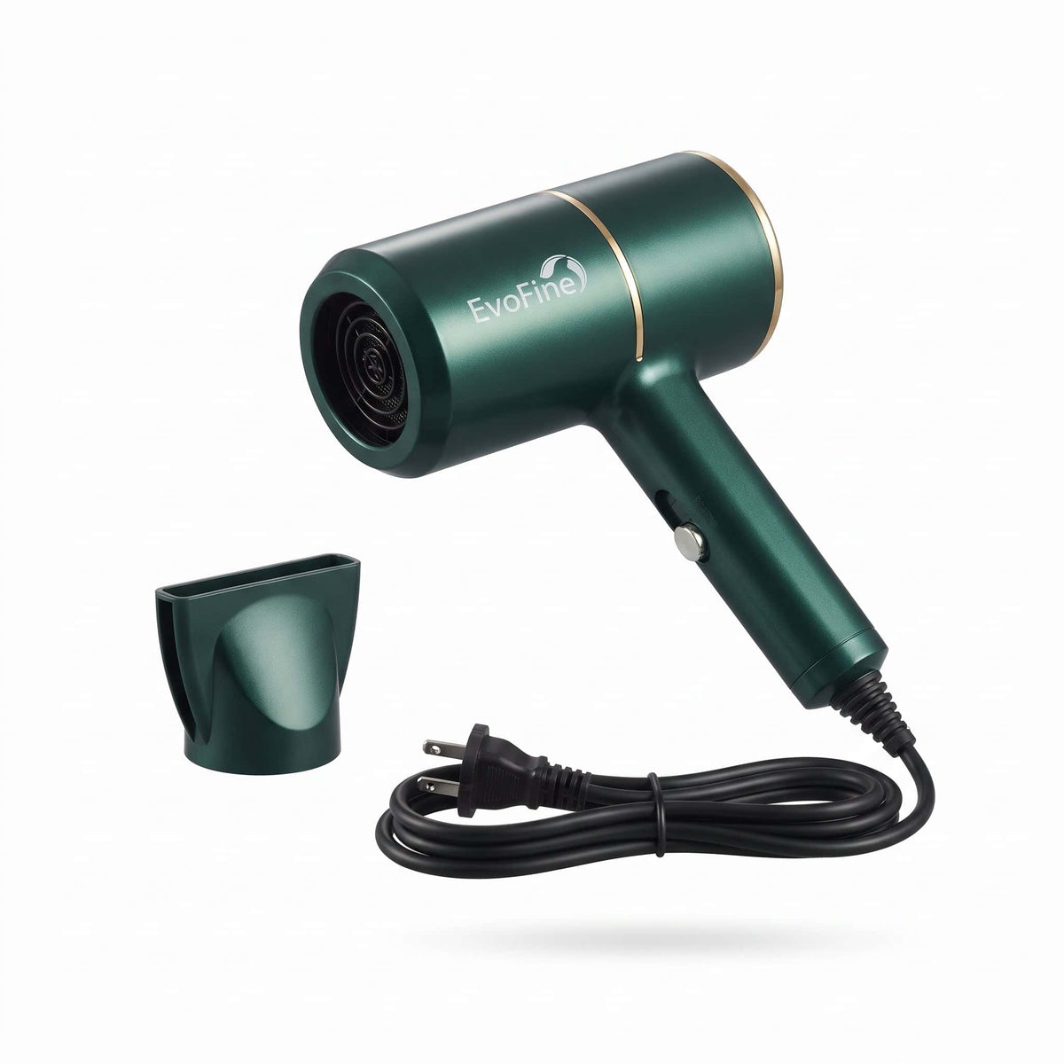 A dark green EvoFine electric hair dryer with a gold rim and a detachable concentrator nozzle on a white background.