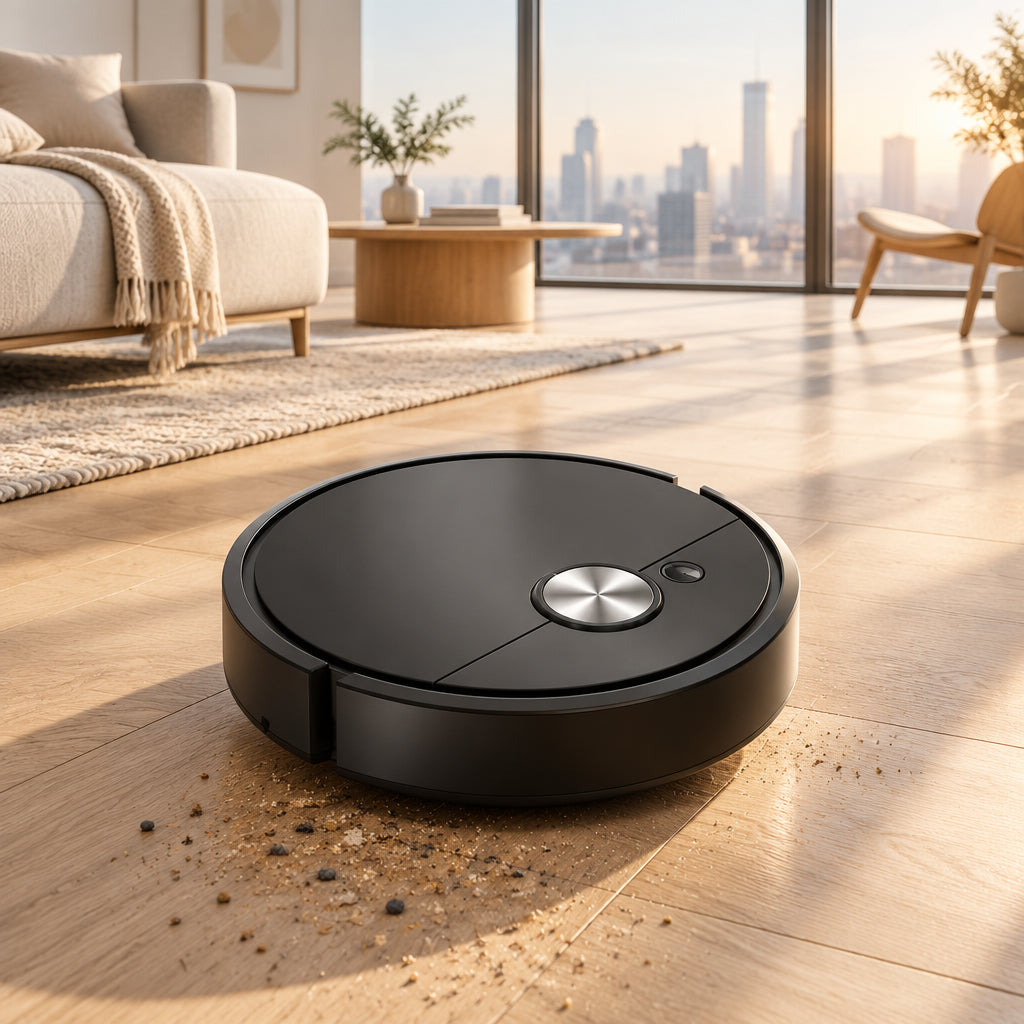 Smart sweeping robot with text highlighting features on a white background