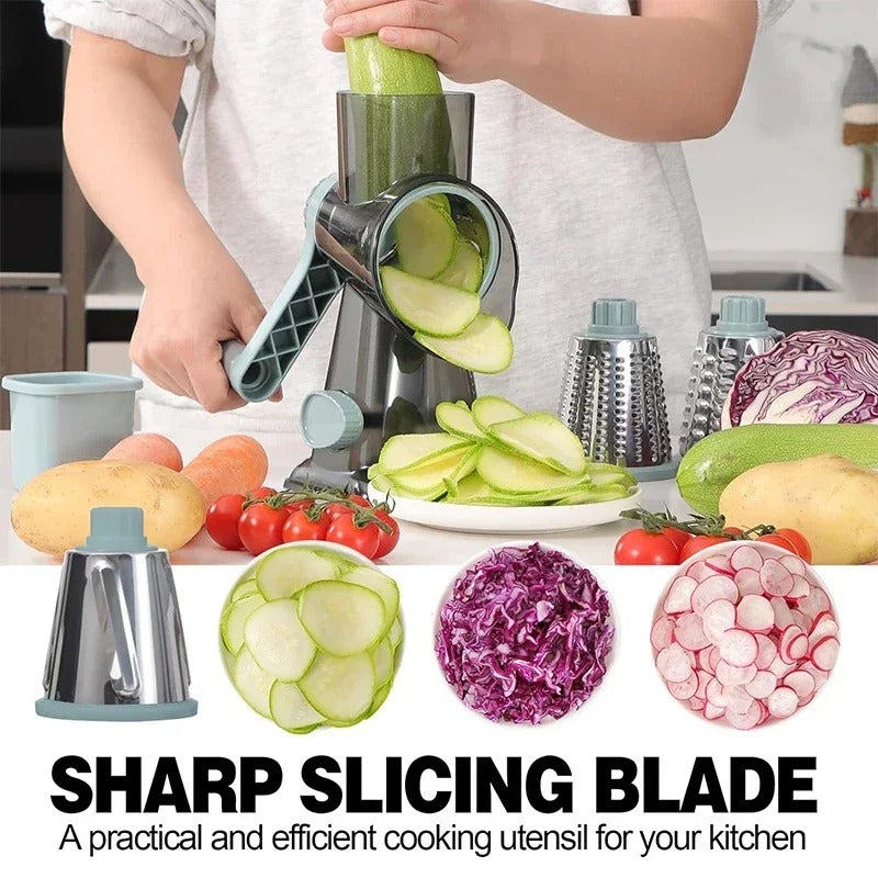3-in-1 Rotary Cheese Grater – Manual Vegetable Slicer &  Nut Grinder