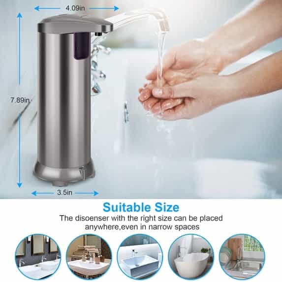 Stainless steel touchless soap dispenser shown with dimension markers and hands washing under the sensor faucet.