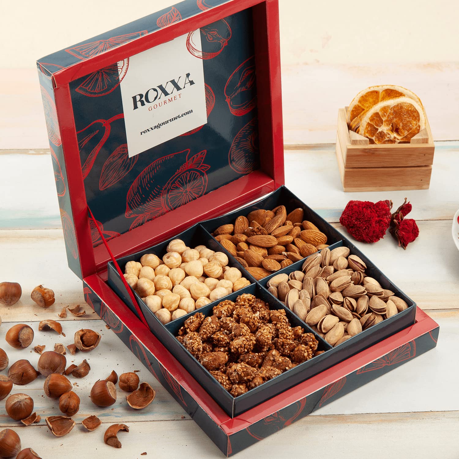4 Variety  Nuts & Dried Fruit Cardboard Box, Holiday Snack & Dessert Platter Gift Basket with Almonds, Pistachio, Honey Roasted Peanuts & Hazelnuts- Gifts for Valentine's Day, Fathers Day, Mothers Day, Birthday, Family, Parents