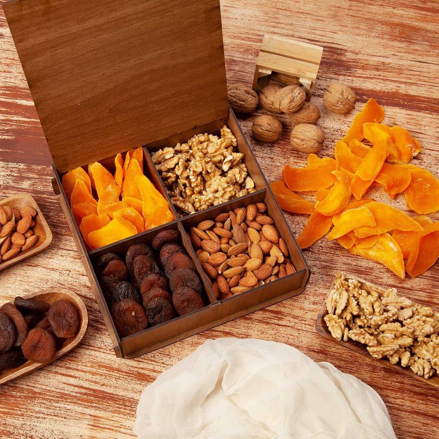 4 Variety  Nuts & Dried Fruit  Wooden Gift Box - Holiday Snack & Dessert Platter with Almonds, Walnut, Apricot & Mango - Gifts for Christmas, Thanksgiving, Birthday, Family, Parents, Grandparents, Veterans