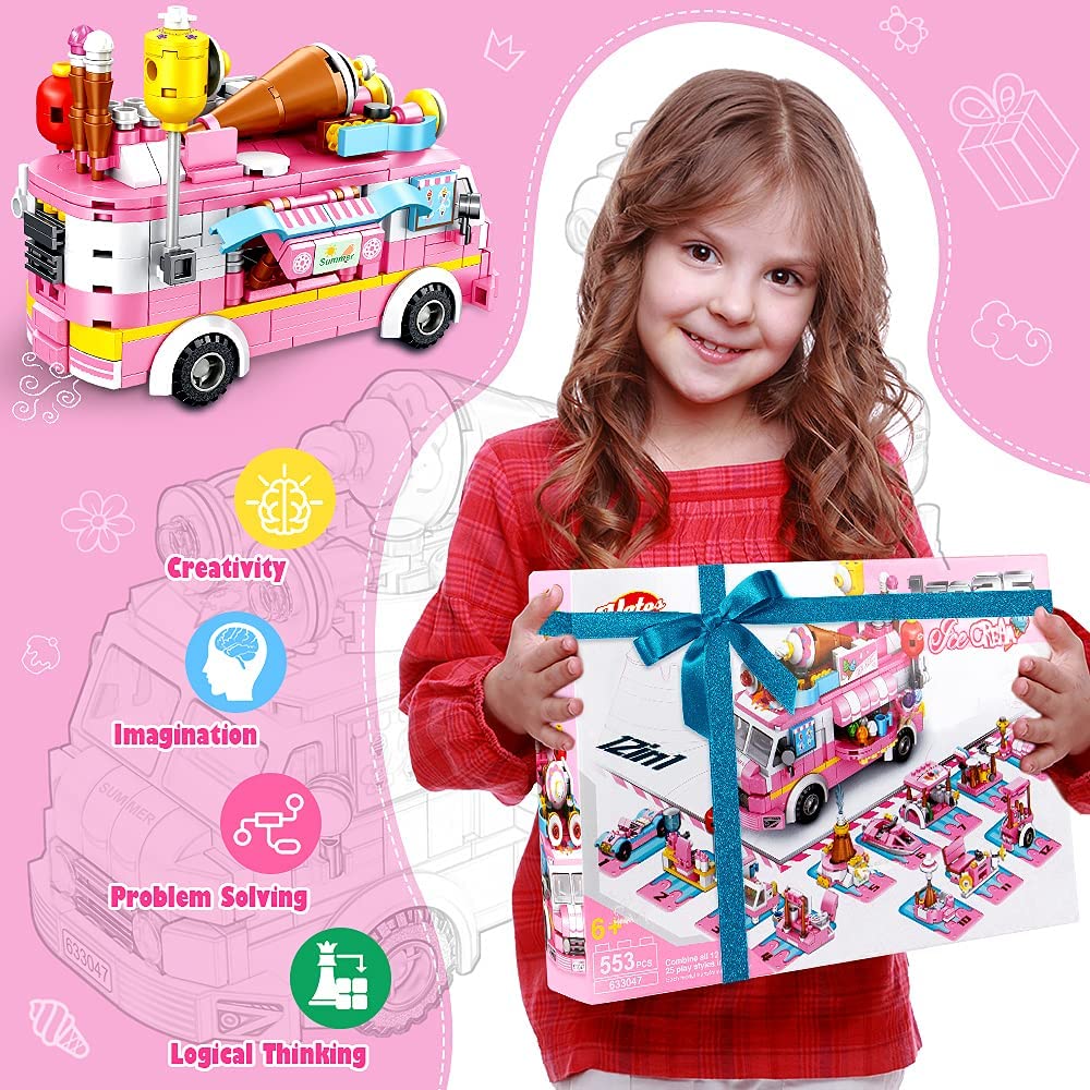 553 Pieces Ice Cream Truck Set Toys for Girls, 25 Models Pink Building Bricks Toys STEM Toys Construction Play Set for Kids Best Gifts for Girls Age 6-12 and Up (Pink)