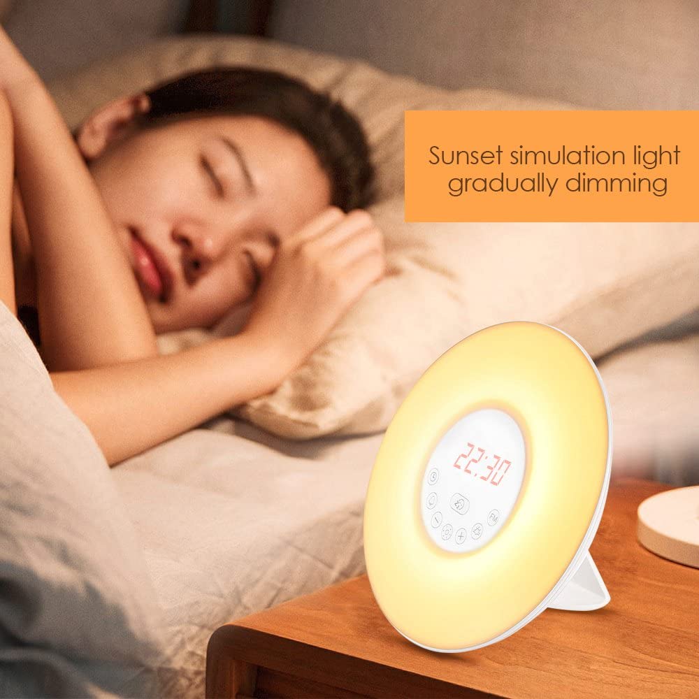 Sunrise Alarm Clock, Smart Wake up 7 Colored Led Lights Sleep Aid Digital Alarm Clock with Sunset Simulation and FM Radio Clock
