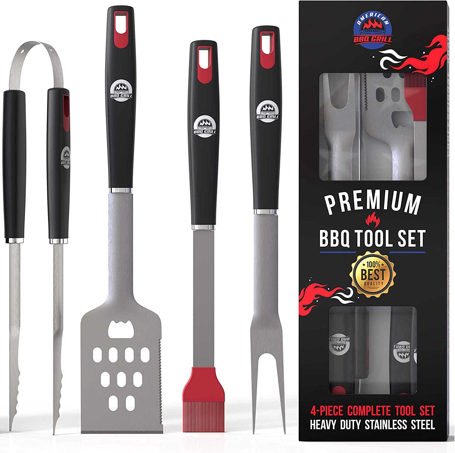 BBQ Tools Sets Premium Barbecue Utensils - 4 Piece Grill Kit Accessories with Spatula, Fork, Brush & BBQ Tongs Stainless Steel Grill Tools