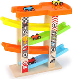 Wooden Car Ramps Race, 4 Level Toy Car Ramp Race Track Includes 4 Wooden Toy Cars