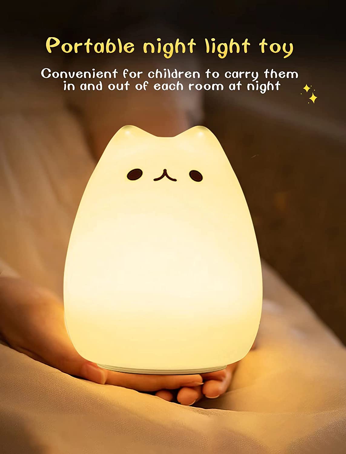 Cute Night Ligh for Kids, Cat Nursery Night Lights with Battery, 7 Color Table Lamp,Room Decor USB Rechargeable